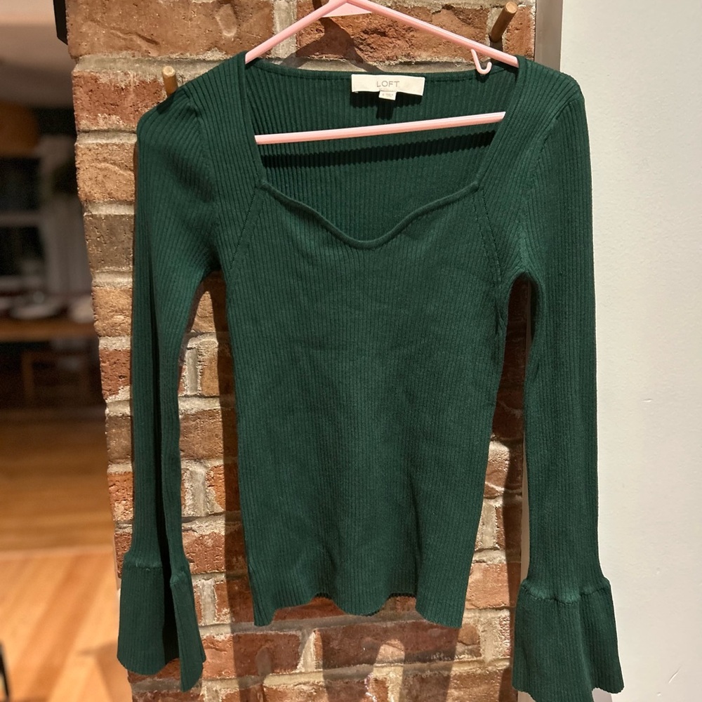 LOFT Dark Green Long Sleeve Ribbed Top